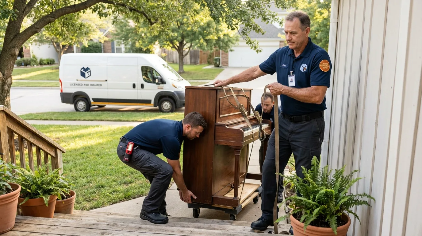 Licensed piano movers securing grand piano in Centerville, PA