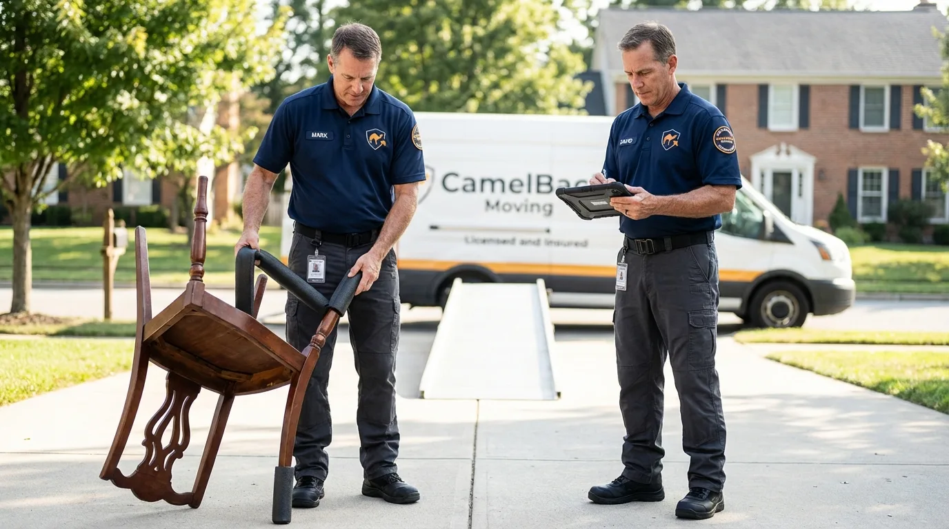 Movers inspecting furniture for damage prevention before loading in Centerville, PA